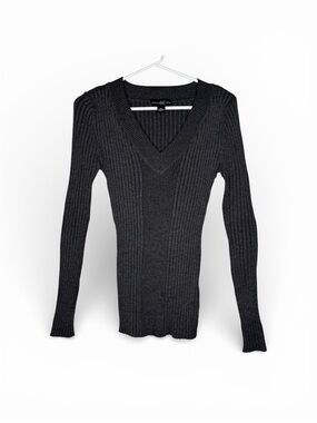 INC International Company Charcoal Ribbed V-Neck Pullover Sweater Large